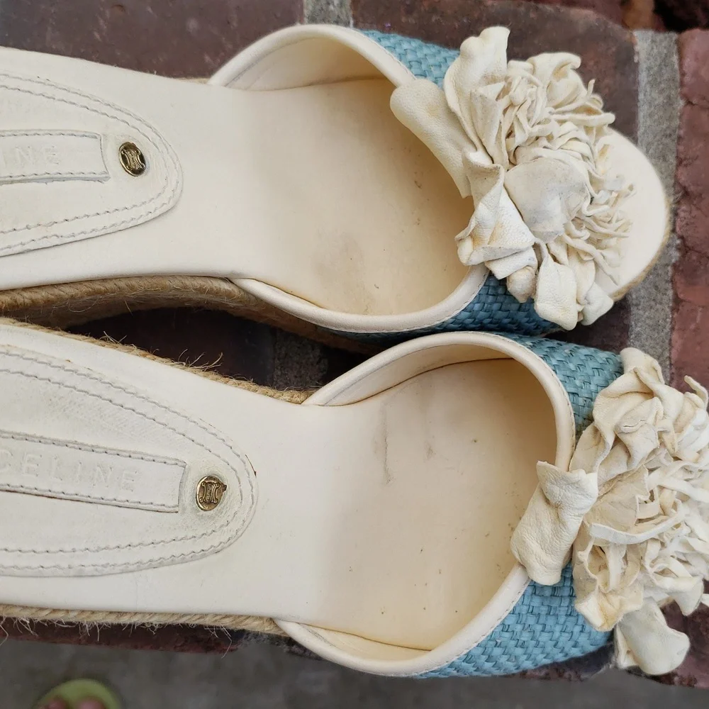 Vintage Celine Espadrille Floral Leather Wedge Sandal Size 36 Luxury Bohemian